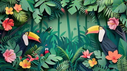 Layered Tropical Rainforest with Vibrant Toucans and Monkeys in Minimalist Paper Cut Style