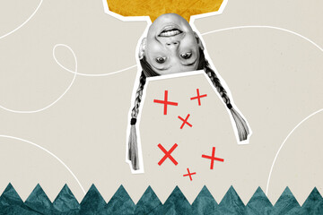 Composite photo collage of funky cute small girl braids hairdo peek upside down playful mood...