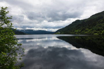 Norway Aurlang fjord on a cloudy summer day