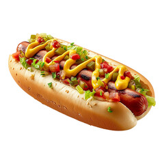 Grilled hotdog topped with mustard, ketchup, and relish, served on a bun with fresh vegetables, presented on a transparent background for an appetizing and savory fast food meal option