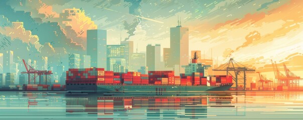 Obraz premium A large ship is docked in a harbor with a city in the background. The sky is cloudy and the water is calm