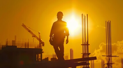 Silhouette of a Construction Worker Holding a Hard Hat, Standing on a Building Structure at Sunset, Highlighting the Industrial Site in the Background.