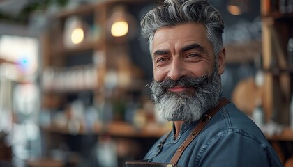 Fototapeta premium Bearded barber with stylish grey hair, smiling confidently in modern barbershop