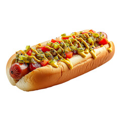 Classic hotdog with mustard and ketchup, isolated on a transparent background, showcasing a delicious and simple fast food snack perfect for barbecues, picnics, and street food festivals