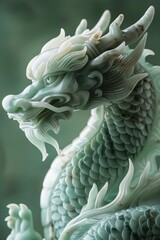 Jade dragon statue against a green backdrop, detailed craftsmanship