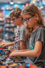 Fototapeta premium Kids building robots, focused, colorful workshop, collaborative environment