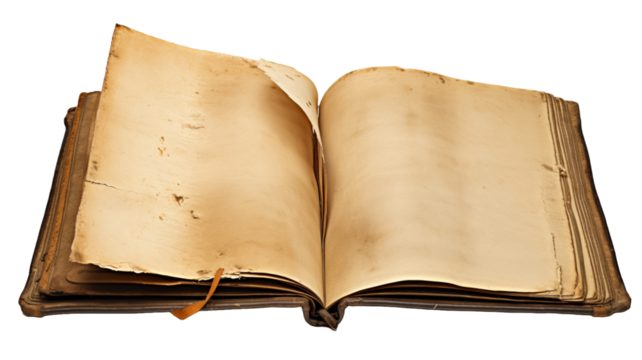 Old book open blank pages, empty yellow paper isolated on transparent background.

