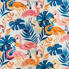 Obraz premium Flamingos and Palm Leaves on a White Background