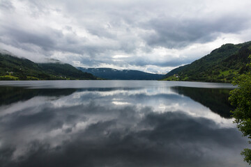 Norway Aurlang fjord on a cloudy summer day