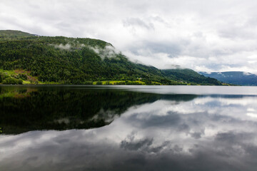 Norway Aurlang fjord on a cloudy summer day
