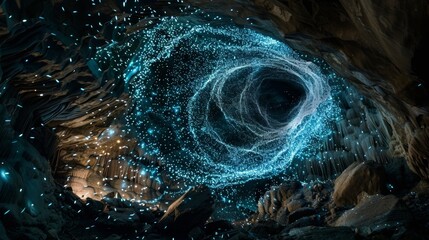 An array of bioluminescent insects flutter around creating a swirling vortex of light in the heart of the cave.