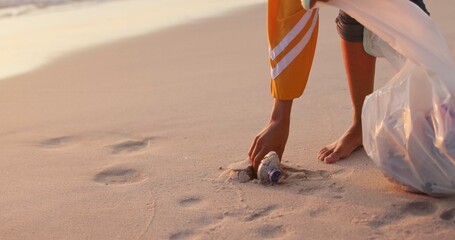 Volunteer, beach and trash cleaning for pollution in nature or community service, garbage or waste...