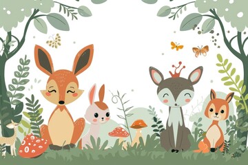 Fototapeta premium Adorable Woodland Creatures in Autumnal Forest Illustration