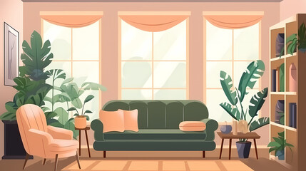 Living room interior. Comfortable sofa, window, chair and house plants. Paper cut style