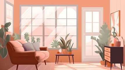 Fototapeta premium Living room interior. Comfortable sofa, window, chair and house plants. Paper cut style