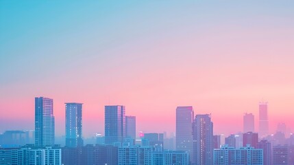Serene Cityscape at Dusk with Tall Skyscrapers and Vibrant Pastel Sky