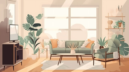Living room interior. Comfortable sofa, window, chair and house plants. Paper cut style