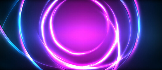 Neon glowing circle rays, light round lines in the dark, planet style neon wave lines. Energetic electric concept design for wallpaper, banner, background