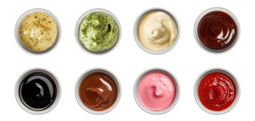 Variety of sauce in a bowl top view png, collection of different dipping sauces, colorful and tasy isolated on transparent background, bundle set hd