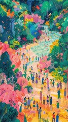 Fototapeta premium Hand drawn vibrant color people in countryside