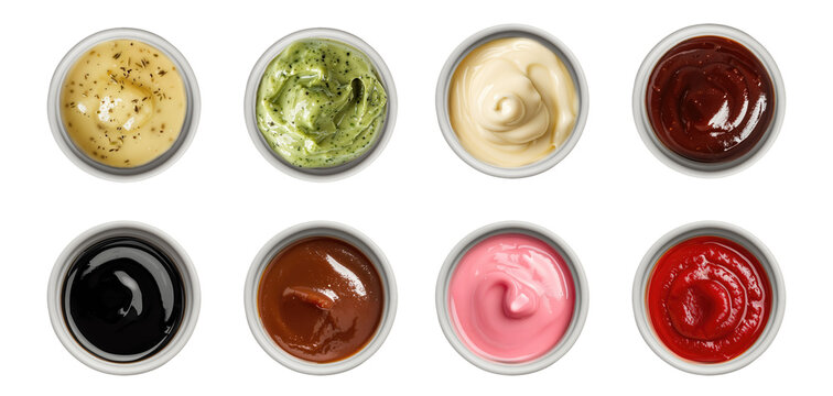 Variety of sauce in a bowl top view png, collection of different dipping sauces, colorful and tasy isolated on transparent background, bundle set hd
