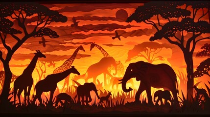 Minimalist Paper Cut Safari Scene with Elephants and Giraffes at Dramatic Sunset