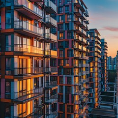 Vibrant Urban Living Colorful Residential High Rises at Sunset or Sunrise