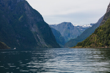 Norway Aurlang fjord on a cloudy summer day