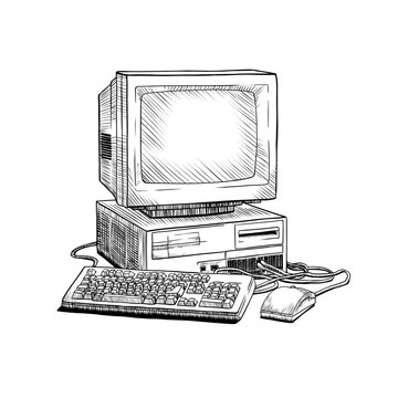 vintage computer lineart drawing illustration