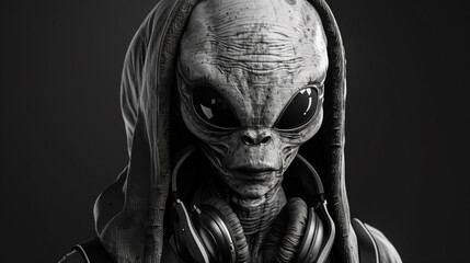 Cool alien dj is listening to music on headphones