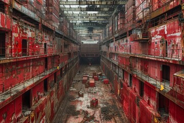A large red building with a lot of graffiti on it. The building is empty and has a lot of debris