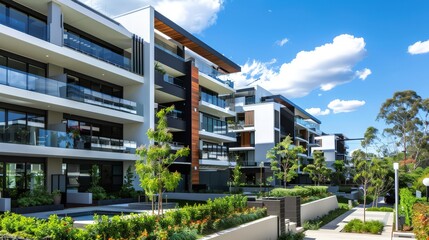 Create an image of a stylish urban apartment complex with balconies and rooftop gardens, highlighting contemporary living spaces.
