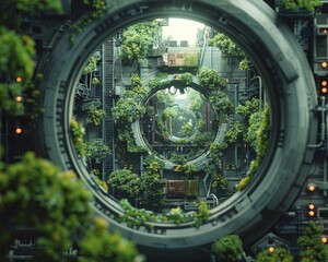 Engineering a green tomorrow through resilient lenses, with detailed machinery surrounded by lush greenery, symbolizing harmony between technology and nature.