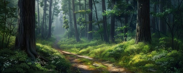 Fototapeta premium Sunlight illuminating a dirt path cutting through a lush green forest