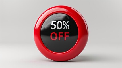 Fototapeta premium 3D red and black round badge with text 50% OFF on a white background, in the style of clipart