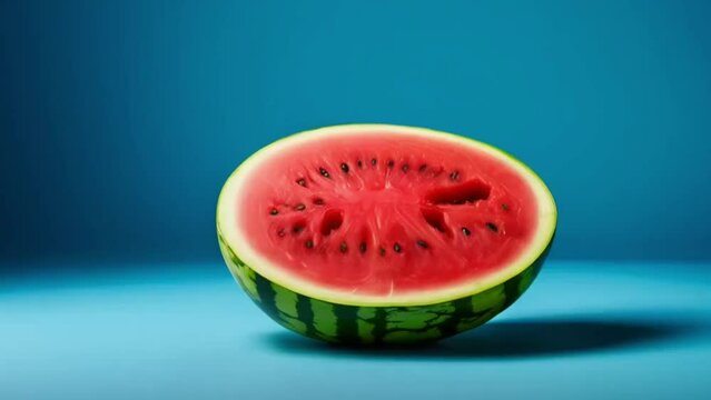 photo of a small watermelon rotating in the middle of a blue background