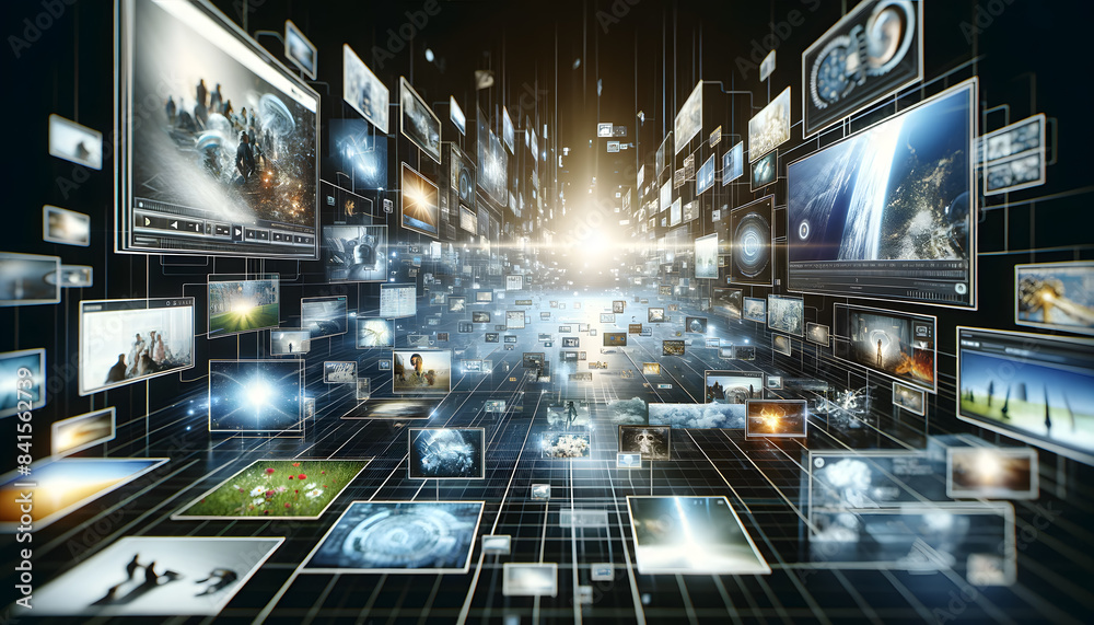 Poster a digital network of interconnected screens displaying various images and videos. the scene is set i