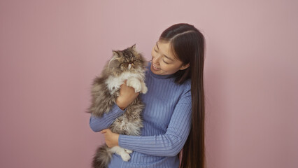 A young chinese woman lovingly holds her fluffy kitten against a pink background wall.