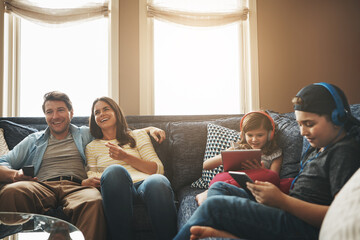 Family, children and parents with watching tv, happy or streaming on tablet with bonding in living...