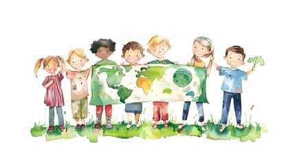Watercolor of Children Holding an Earth Day Banner in a Park