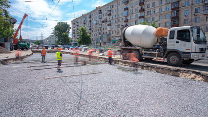 Road construction site with tram tracks repair and maintenance timelapse.