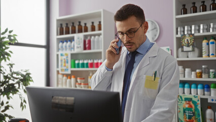 A handsome young hispanic man with a beard wearing a white lab coat works in a pharmacy, talking on...