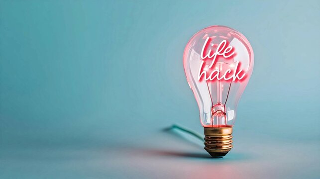 Life Hack Light Bulb Neon Text on Blue Background
