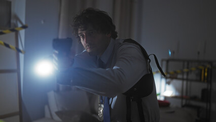 A focused man with a beard investigates a dimly lit indoor crime scene, flashlight and pistol in...