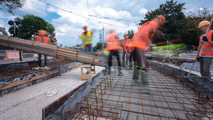 Road construction site with tram tracks repair and maintenance timelapse hyperlapse.