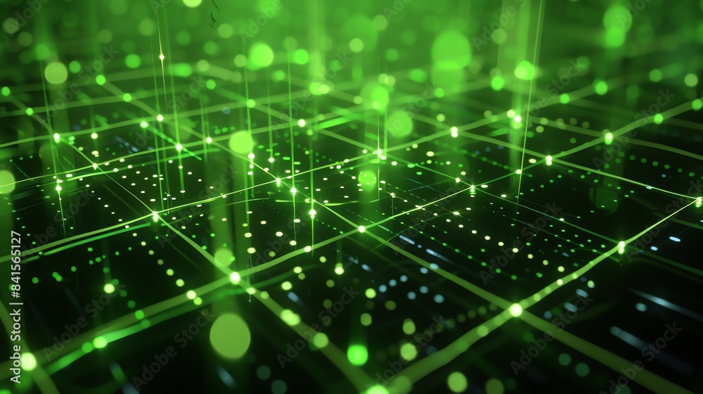 Wall mural abstract background of glowing green dots and lines. futuristic technology concept. 3d rendering.