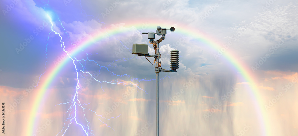 Wall mural weather station automatic measurement of weather parameters with stormy sky and rain and lightning