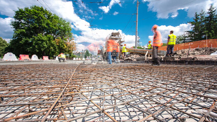 Road construction site with tram tracks repair and maintenance timelapse hyperlapse.