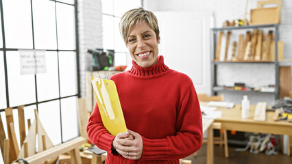 A smiling hispanic woman with short blonde hair wearing a red sweater holds a clipboard in a well-lit carpentry workshop.