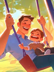 Father's Day Happy Poster Design Illustration Material Background, Father Accompanying Children on Swing
